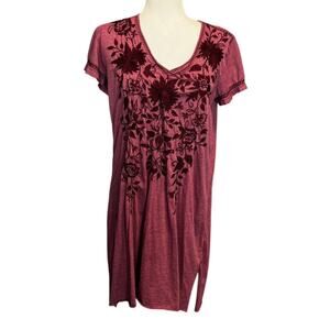 Johnny Was Embroidered Floral Shirt Dress Tunic Boho Burgundy Red M